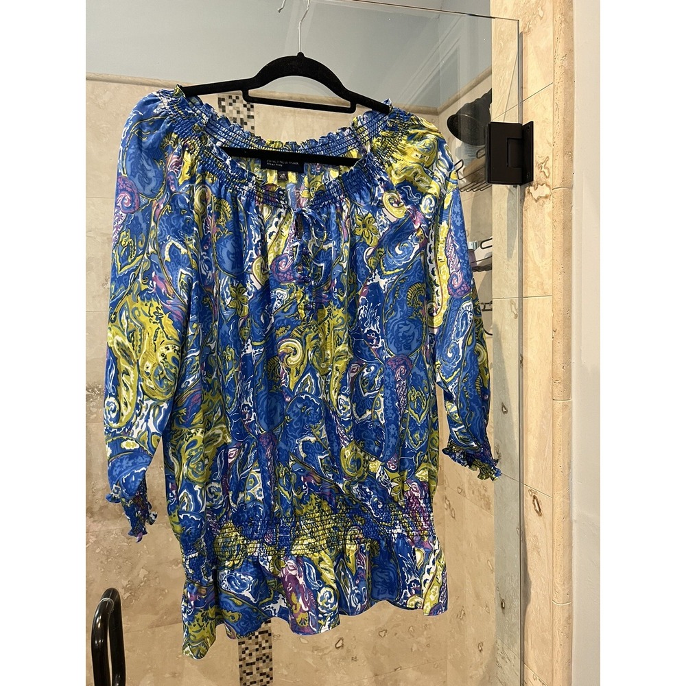Jones New York Signature Satin Paisley Smocked Peplum Blouse Blue Yellow Large